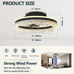 English Elm 16" Modern LED Ceiling Fan with Hidden Blades, Remote & App Control, Dimmable Crystal Flush Light W2312P368704