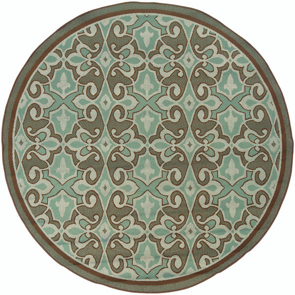 Homeroots 8' X 8' Blue Round Oriental Stain Resistant Indoor Outdoor Area Rug  Polypropylene 507232