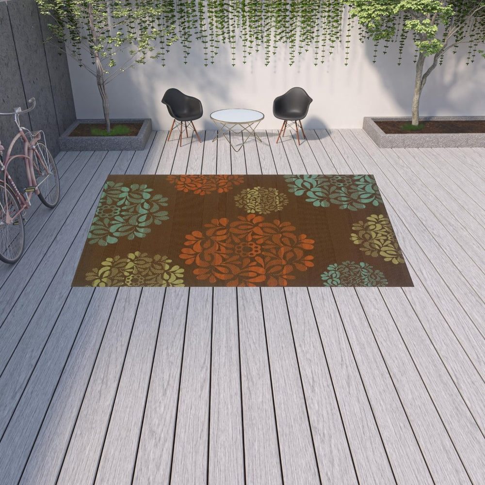 HomeRoots 7' Durable Brown Floral Stain-Resistant Indoor/Outdoor Area Rug for High-Traffic Family Spaces 8'6" x 13' 507240