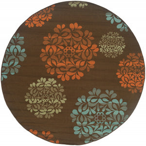 HomeRoots 7' Durable Brown Floral Stain-Resistant Indoor/Outdoor Area Rug for High-Traffic Family Spaces 7'10" Round 507241