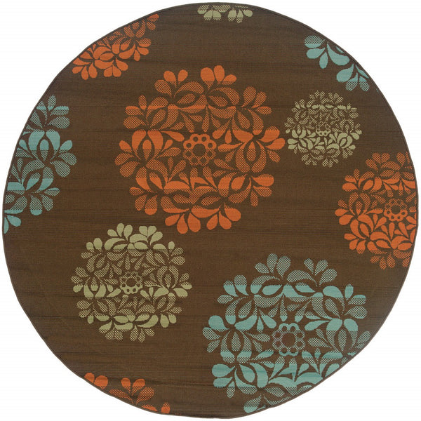 HomeRoots 7' Durable Brown Floral Stain-Resistant Indoor/Outdoor Area Rug for High-Traffic Family Spaces 7'10" Round 507241
