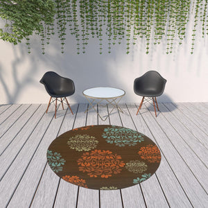 HomeRoots 7' Durable Brown Floral Stain-Resistant Indoor/Outdoor Area Rug for High-Traffic Family Spaces 7'10" Round 507241