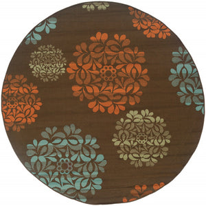 HomeRoots 7' Durable Brown Floral Stain-Resistant Indoor/Outdoor Area Rug for High-Traffic Family Spaces 7'10" Round 507241