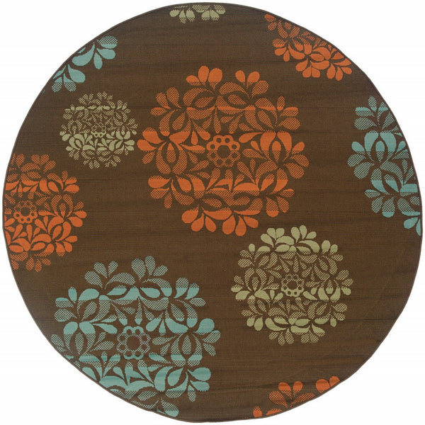HomeRoots 7' Durable Brown Floral Stain-Resistant Indoor/Outdoor Area Rug for High-Traffic Family Spaces 7'10" Round 507241