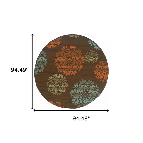 HomeRoots 7' Durable Brown Floral Stain-Resistant Indoor/Outdoor Area Rug for High-Traffic Family Spaces 7'10" Round 507241