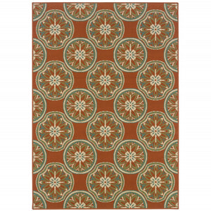 HomeRoots 7' Stylish Stain-Resistant Floral Area Rug for Indoor & Outdoor Use - Perfect for High-Traffic Spaces Orange/ Ivory 6'7" x 9'6" 507247