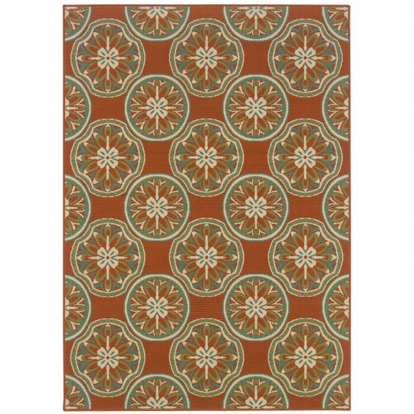 HomeRoots 7' Stylish Stain-Resistant Floral Area Rug for Indoor & Outdoor Use - Perfect for High-Traffic Spaces Orange/ Ivory 6'7" x 9'6" 507247