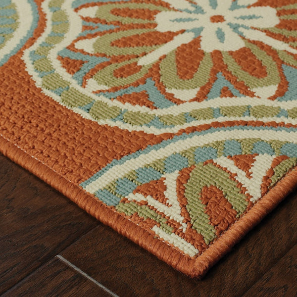 HomeRoots 7' Stylish Stain-Resistant Floral Area Rug for Indoor & Outdoor Use - Perfect for High-Traffic Spaces Orange/ Ivory 6'7" x 9'6" 507247