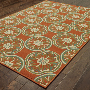 HomeRoots 7' Stylish Stain-Resistant Floral Area Rug for Indoor & Outdoor Use - Perfect for High-Traffic Spaces Orange/ Ivory 6'7" x 9'6" 507247