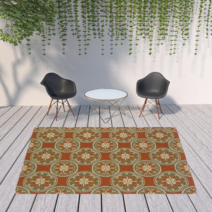 HomeRoots 7' Stylish Stain-Resistant Floral Area Rug for Indoor & Outdoor Use - Perfect for High-Traffic Spaces Orange/ Ivory 7'10" x 10'10" 507248
