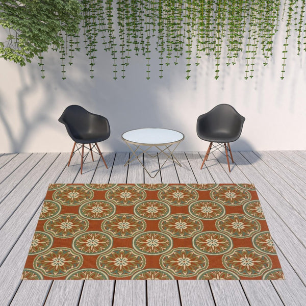 HomeRoots 7' Stylish Stain-Resistant Floral Area Rug for Indoor & Outdoor Use - Perfect for High-Traffic Spaces Orange/ Ivory 7'10" x 10'10" 507248