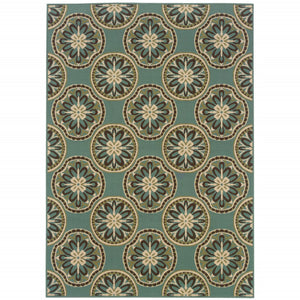 HomeRoots 7' Stylish Stain-Resistant Floral Area Rug for Indoor & Outdoor Use - Perfect for High-Traffic Spaces Blue/ Ivory 5'3" x 7'6" 507255