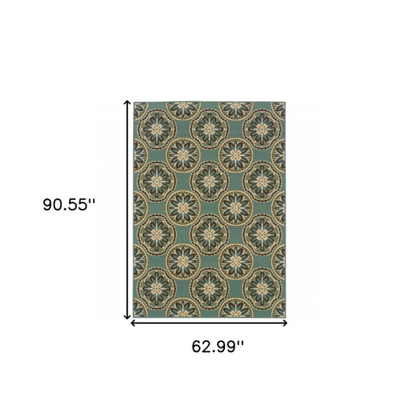 HomeRoots 7' Stylish Stain-Resistant Floral Area Rug for Indoor & Outdoor Use - Perfect for High-Traffic Spaces Blue/ Ivory 5'3" x 7'6" 507255