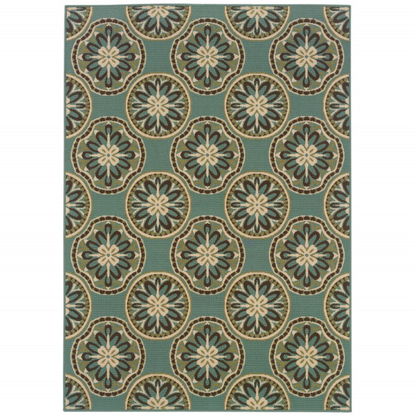 HomeRoots 7' Stylish Stain-Resistant Floral Area Rug for Indoor & Outdoor Use - Perfect for High-Traffic Spaces Blue/ Ivory 7'10" x 10'10" 507257