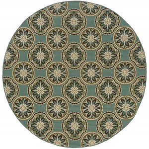 HomeRoots 7' Stylish Stain-Resistant Floral Area Rug for Indoor & Outdoor Use - Perfect for High-Traffic Spaces Blue/ Ivory 7'10" Round 507259