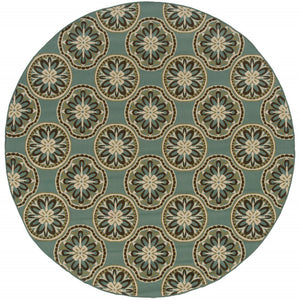 HomeRoots 7' Stylish Stain-Resistant Floral Area Rug for Indoor & Outdoor Use - Perfect for High-Traffic Spaces Blue/ Ivory 7'10" Round 507259