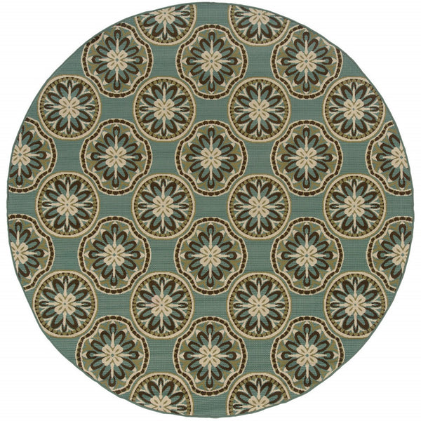HomeRoots 7' Stylish Stain-Resistant Floral Area Rug for Indoor & Outdoor Use - Perfect for High-Traffic Spaces Blue/ Ivory 7'10" Round 507259