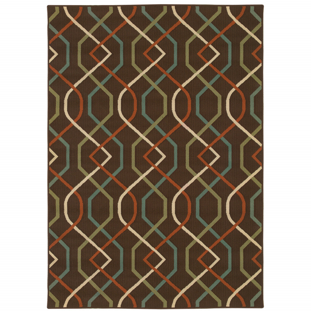 Homeroots 4' X 6' Brown And Ivory Geometric Stain Resistant Indoor/Outdoor Area Rug - Perfect For Kids & Pets! 3'7" X 5'6" Polypropylene 507263