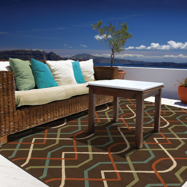 HomeRoots 5' Stylish Brown and Ivory Geometric Stain-Resistant Area Rug for Indoor and Outdoor Use 5'3" x 7'6" 507264