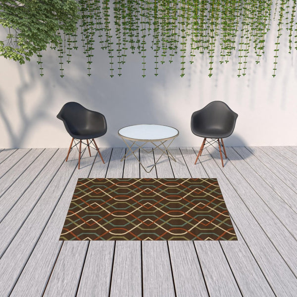 HomeRoots 5' Stylish Brown and Ivory Geometric Stain-Resistant Area Rug for Indoor and Outdoor Use 5'3" x 7'6" 507264