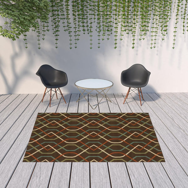 HomeRoots 5' Stylish Brown and Ivory Geometric Stain-Resistant Area Rug for Indoor and Outdoor Use 6'7" x 9'6" 507265