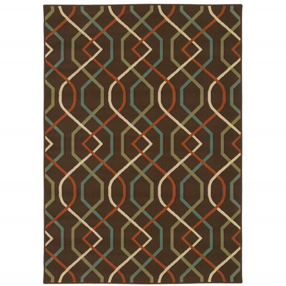 HomeRoots 5' Stylish Brown and Ivory Geometric Stain-Resistant Area Rug for Indoor and Outdoor Use 8'6" x 13' 507267