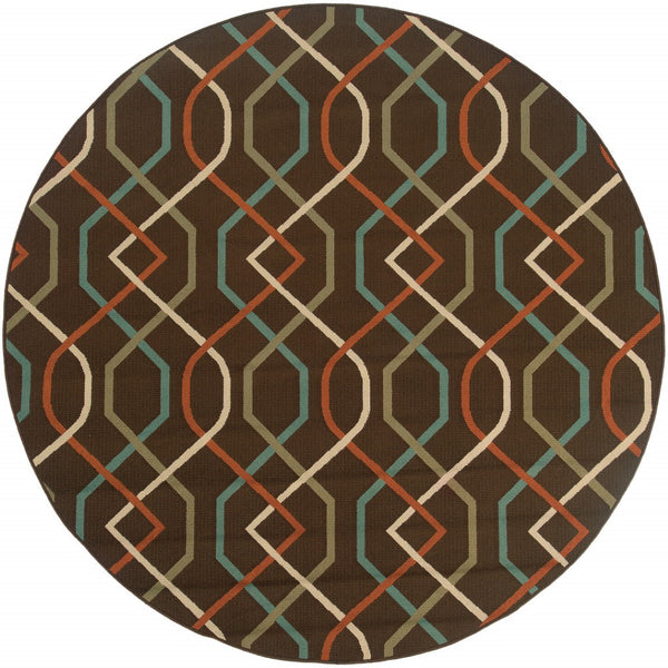 HomeRoots 5' Stylish Brown and Ivory Geometric Stain-Resistant Area Rug for Indoor and Outdoor Use 7'10" Round 507268