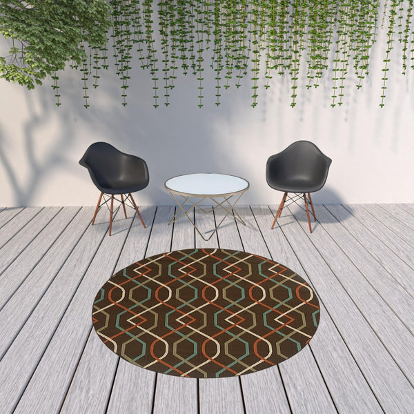 HomeRoots 5' Stylish Brown and Ivory Geometric Stain-Resistant Area Rug for Indoor and Outdoor Use 7'10" Round 507268