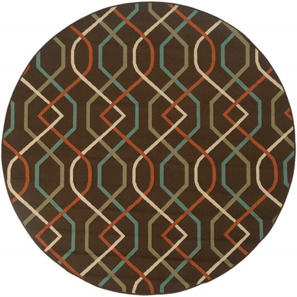 HomeRoots 5' Stylish Brown and Ivory Geometric Stain-Resistant Area Rug for Indoor and Outdoor Use 7'10" Round 507268
