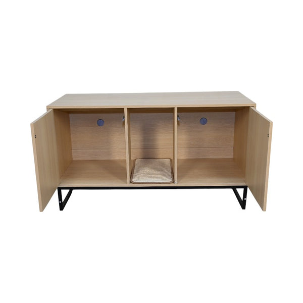 English Elm Modern Wooden Cat House with Built-In Scratching Mat, Sturdy Metal Frame, Sleek Space-Saving Design Light Brown W1412P271586