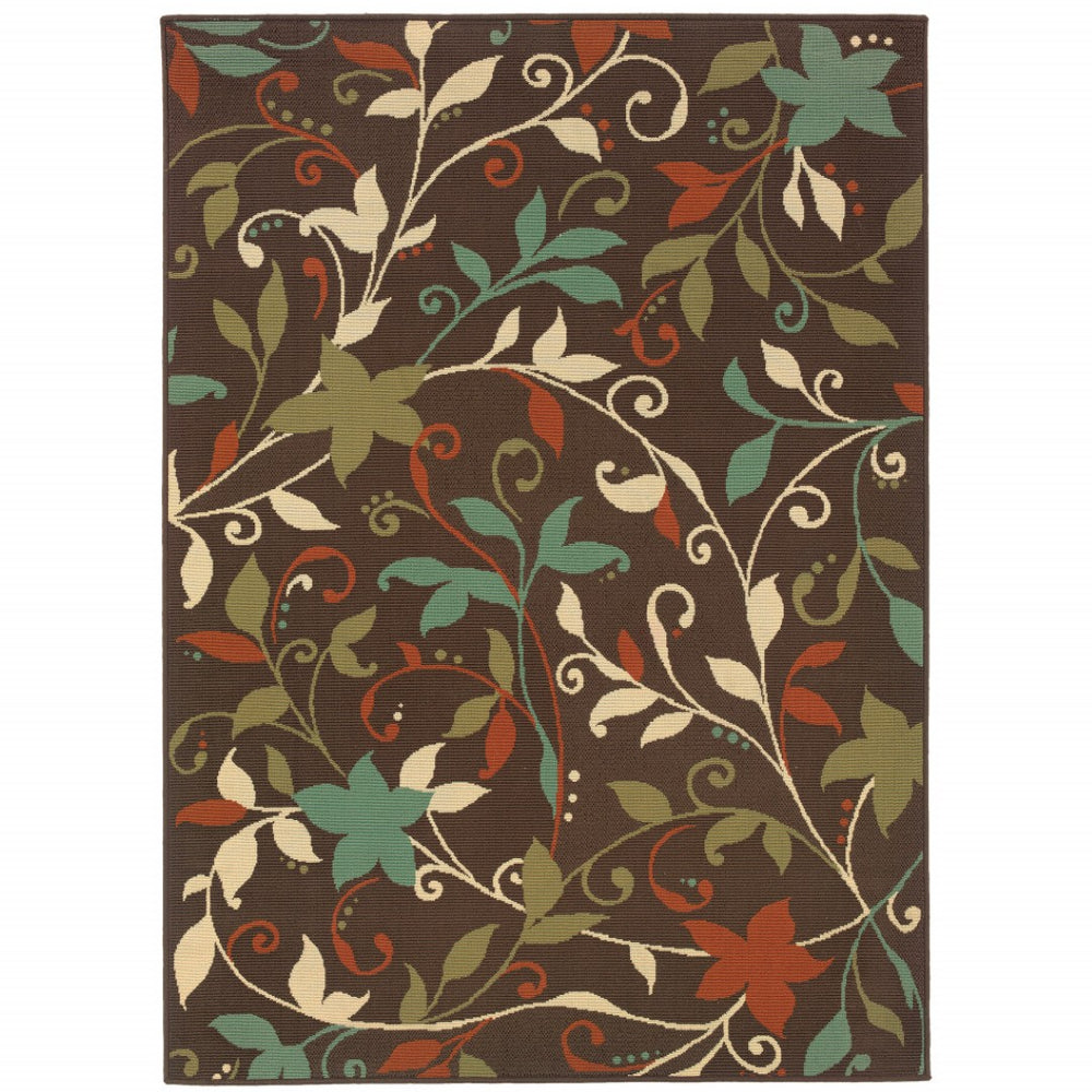 HomeRoots 5' Indoor Outdoor Area Rug - Brown Floral Design, Stain-Resistant, Low Pile, Perfect for High-Traffic Areas 5'3" x 7'6" 507273