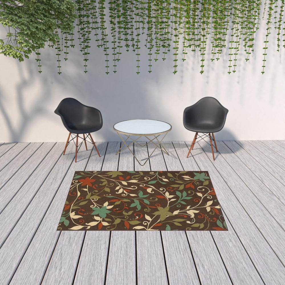 HomeRoots 5' Indoor Outdoor Area Rug - Brown Floral Design, Stain-Resistant, Low Pile, Perfect for High-Traffic Areas 5'3" x 7'6" 507273