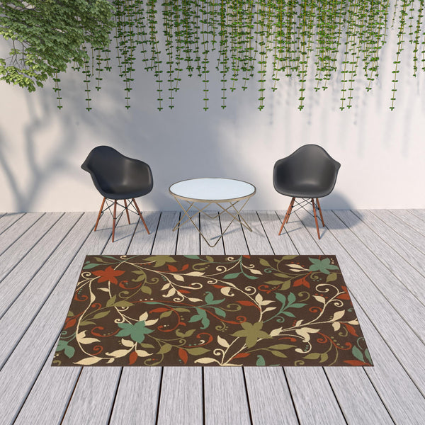 Homeroots 7' X 10' Brown Floral Stain Resistant Indoor Outdoor Area Rug  Polypropylene 507274