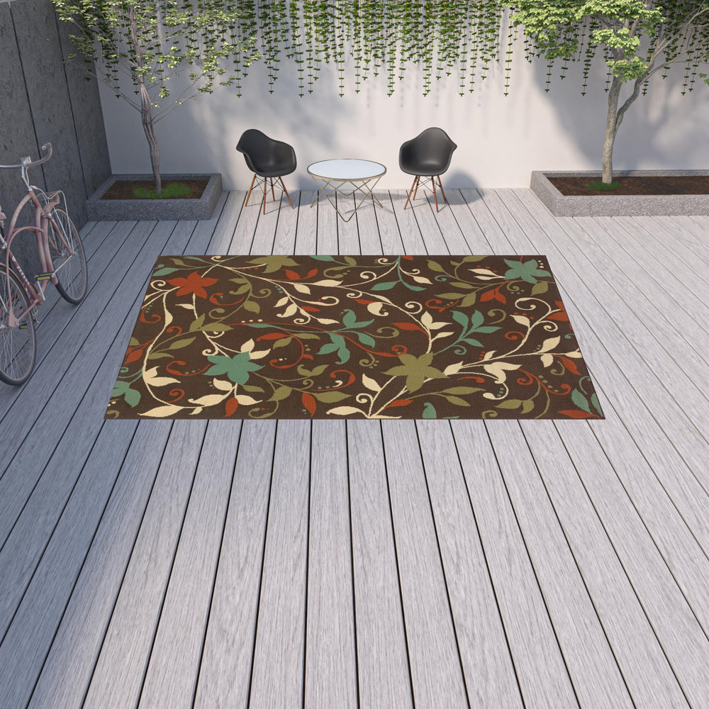 Homeroots 9' X 13' Brown Floral Stain Resistant Indoor Outdoor Area Rug  Polypropylene 507276