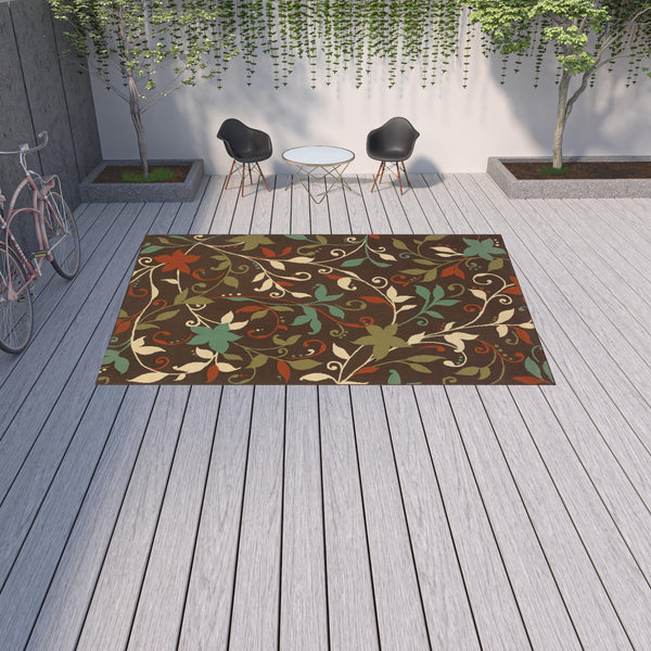 Homeroots 9' X 13' Brown Floral Stain Resistant Indoor Outdoor Area Rug  Polypropylene 507276