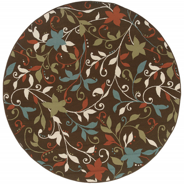 Homeroots 8' X 8' Brown Round Floral Stain Resistant Indoor Outdoor Area Rug  Polypropylene 507277