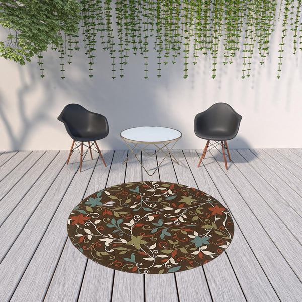 Homeroots 8' X 8' Brown Round Floral Stain Resistant Indoor Outdoor Area Rug  Polypropylene 507277