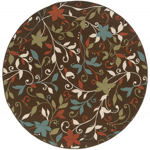 Homeroots 8' X 8' Brown Round Floral Stain Resistant Indoor Outdoor Area Rug  Polypropylene 507277