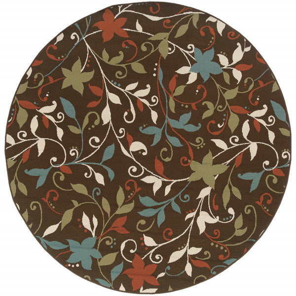 Homeroots 8' X 8' Brown Round Floral Stain Resistant Indoor Outdoor Area Rug  Polypropylene 507277