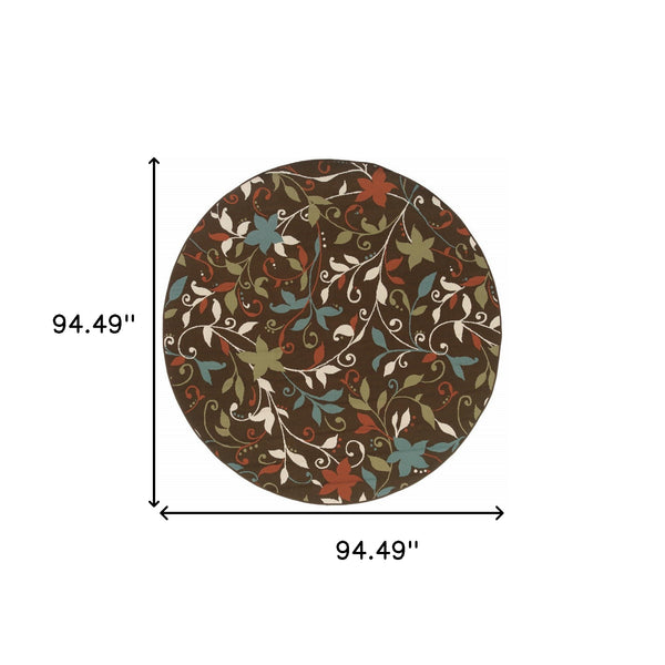 Homeroots 8' X 8' Brown Round Floral Stain Resistant Indoor Outdoor Area Rug  Polypropylene 507277