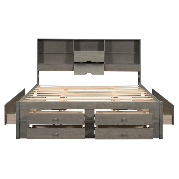 English Elm King Solid Wood Platform Bed with 8 Drawers and Storage Headboard, Durable MDF Frame, 500lb Capacity Gray GX000454AAE