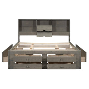 English Elm King Platform Bed with 8 Drawers Open Headboard Compartments and Pine Wood Frame Gray GX000454AAE-1