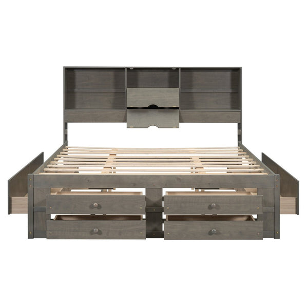 English Elm King Platform Bed with 8 Drawers Open Headboard Compartments and Pine Wood Frame Gray GX000454AAE-1