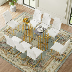 English Elm Table and Chair Set 8 Seater Oval Glass Dining with Glamorous Gold Base Modern Luxe Transparent,White+Gold W1151S04725