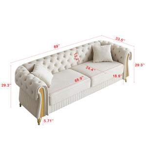 English Elm 89''W Chesterfield Modern Tufted Velvet Sofa with Pocket Springs, Gold Trim & Removable Cushions Beige W579S00037