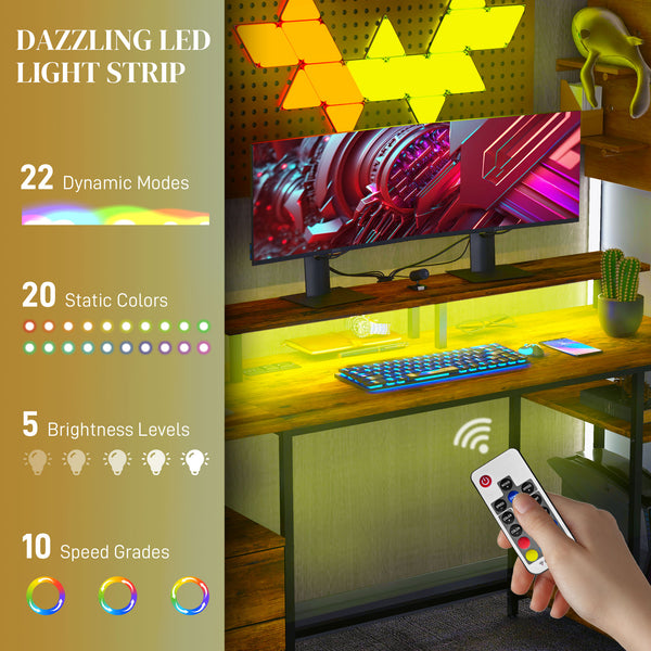 English Elm HOMCOM 61" Gaming Computer Desk with LED Strip, Dual Outlets & USB, Monitor Stand, Storage Drawers W2225P200372