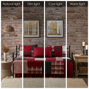 JLA Home Woolrich - 5 Piece Day Bed Cover Set Twin Quilted Plaid & Solid Red Reversible Shams Bedskirt Cabin Chic WR13-2121