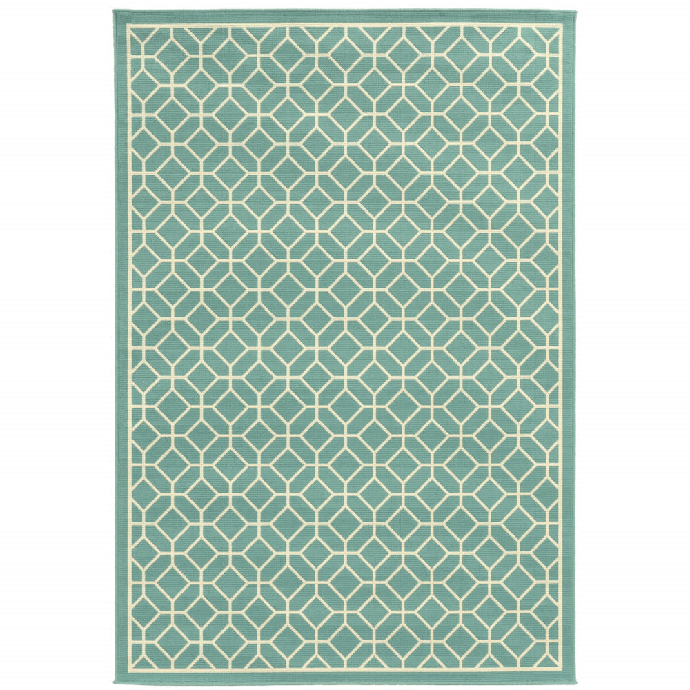 Homeroots 4' X 6' Stylish Blue And Ivory Geometric Stain Resistant Area Rug For Indoor And Outdoor Use  Polypropylene 507422