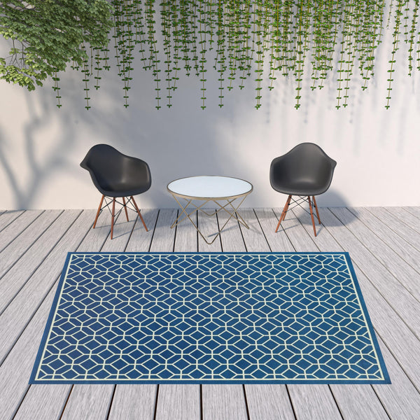 Homeroots 8' X 11' Blue And Ivory Geometric Stain Resistant Indoor Outdoor Area Rug  Polypropylene 507434