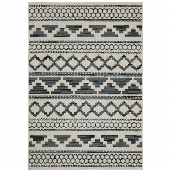 HomeRoots 5' Blue and Beige Geometric Indoor/Outdoor Area Rug – Stain and Water Resistant for Easy Care 6'7" x 9'2" 507467